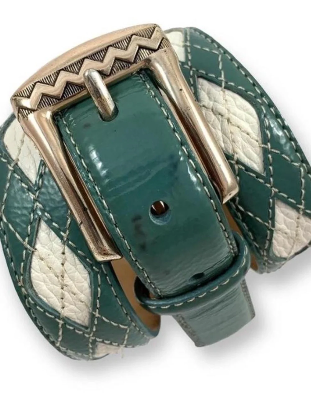 Vintage 1990's BRIGHTON teal argyle leather belt